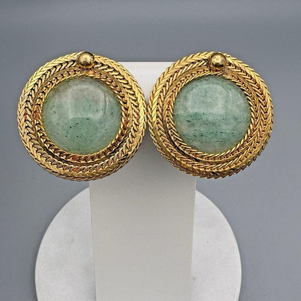Vintage Jadeite Clip On Earrings Cabochon Braided Gold Tone Borders Statement